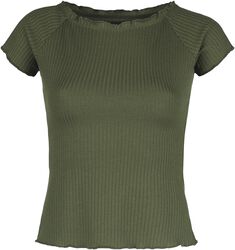 Green Ribbed T-shirt with Wide Neckline