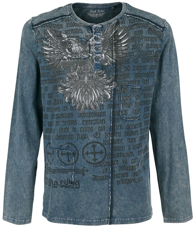 Blue Long-Sleeve Shirt with Wash and Print