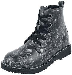 Black Lace-Up Boots with Skull and Roses Print, Black Premium by EMP, Children's boots