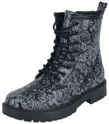 Lace-up boots with all-over rose print, Black Premium by EMP, Boot