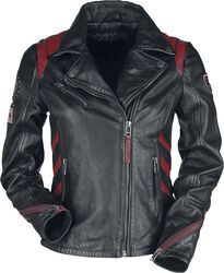 Black/Red Leather Jacket in Biker Style with Patches, Rock Rebel by EMP, Leather Jacket