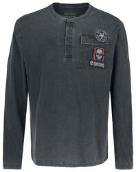 Grey Long-Sleeve Top with Patches and Large Back Print