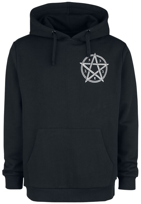 Black hoodie with print on chest and back