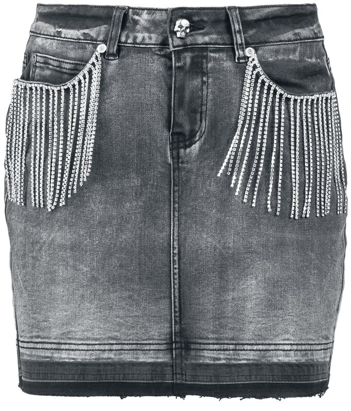 Grey Denim Skirt with Rhinestone Chains