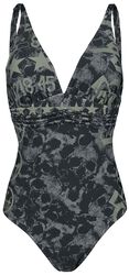 Black Swimsuit with Skull Pattern and Prints, Rock Rebel by EMP, Swimsuit