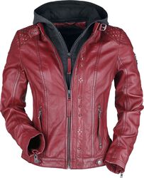 Red Leather Jacket with Grey Hood and Studs, Rock Rebel by EMP, Leather Jacket