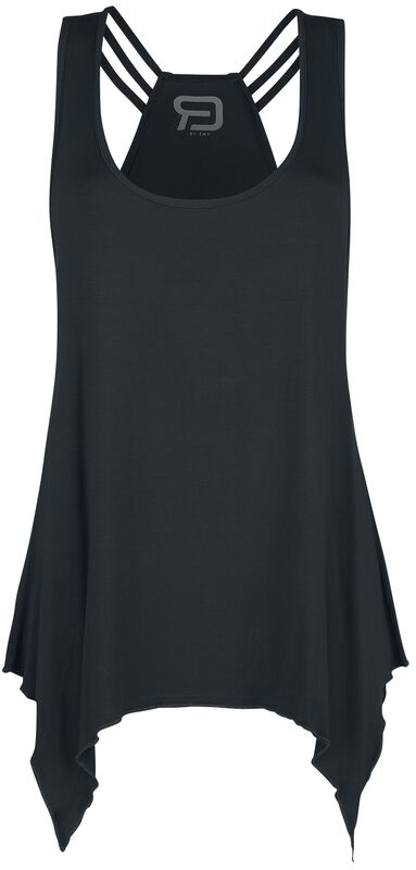 Black top with decorative ribbons and round neckline