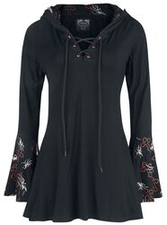 Gothicana X Anne Stokes - Black Long-Sleeve Top with Lacing, Print and Large Hood, Gothicana by EMP, Long-sleeve Shirt