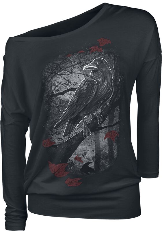 Black Long-Sleeve Shirt with Crew Neckline and Print