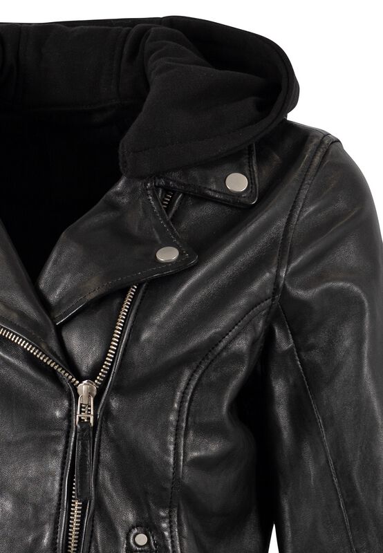 Giacca Di Pelle Donna Gipsy Raja Slim Fit LEGV - Colore Nero, Modello Biker Con Cappuccio Rimovibile