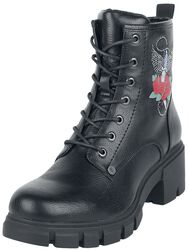 Black lace-up boots with rose print and rhinestones
