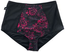 Black High-Waist Bikini Bottoms with Skull & Roses Motif, Black Premium by EMP, Bikini Bottom