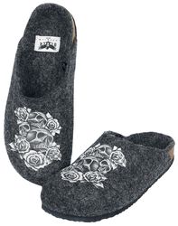 Grey Slippers with Skull and Rose Print
