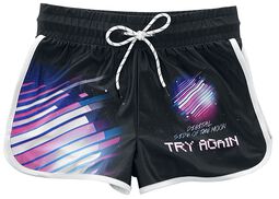 Black swim shorts with bright print