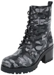 Dark Lace-Up Boots with Camouflage Pattern and Heel
