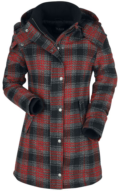 Short Black.Red Coat with Checked Pattern