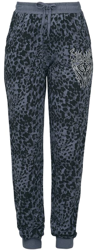 Grey/Black Fabric Trousers with Animal Print and Rhinestones