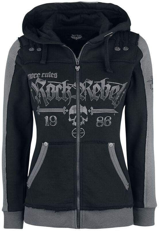 Black Hooded Jacket with Rock Rebel and Skull Prints
