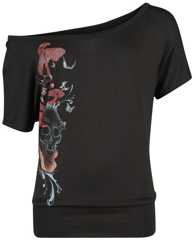 T-shirt with mushrooms, skull and butterflies