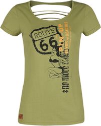 Rock Rebel X Route 66 - Olive-Coloured T-Shirt with Pin-Up Print and Cut-Outs