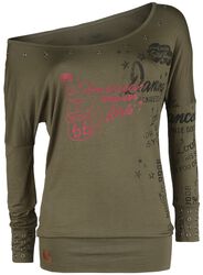 Rock Rebel X Route 66 - Green Long-Sleeve Shirt with Pin-Up Print and Eyelets