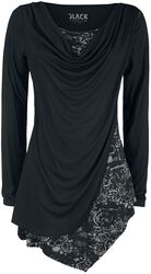 Black Long-Sleeve Shirt with Waterfall Neckline and Print, Black Premium by EMP, Long-sleeve Shirt