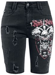 Black Denim Shorts with Print and Distressed Effects