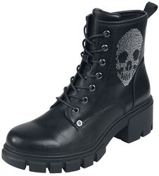 Black Lace-Up Boots with Rhinestone Skull, Rock Rebel by EMP, Boot