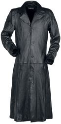 Long Black Leather Coat with Collar, Gothicana by EMP, Leather Coat